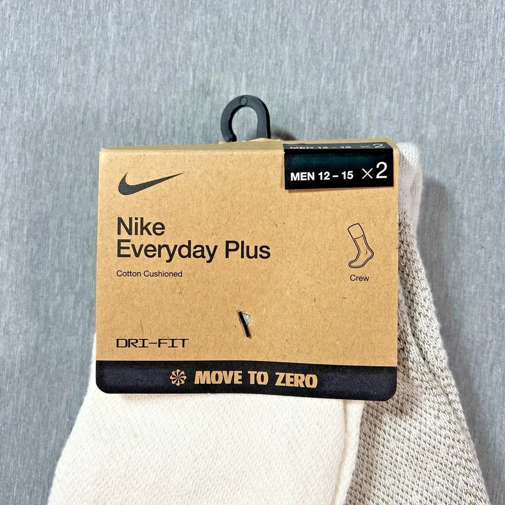 New 2pack Men's Nike Everyday Plus Undyed Cushioned Crew Socks 12-15 White/Wheat